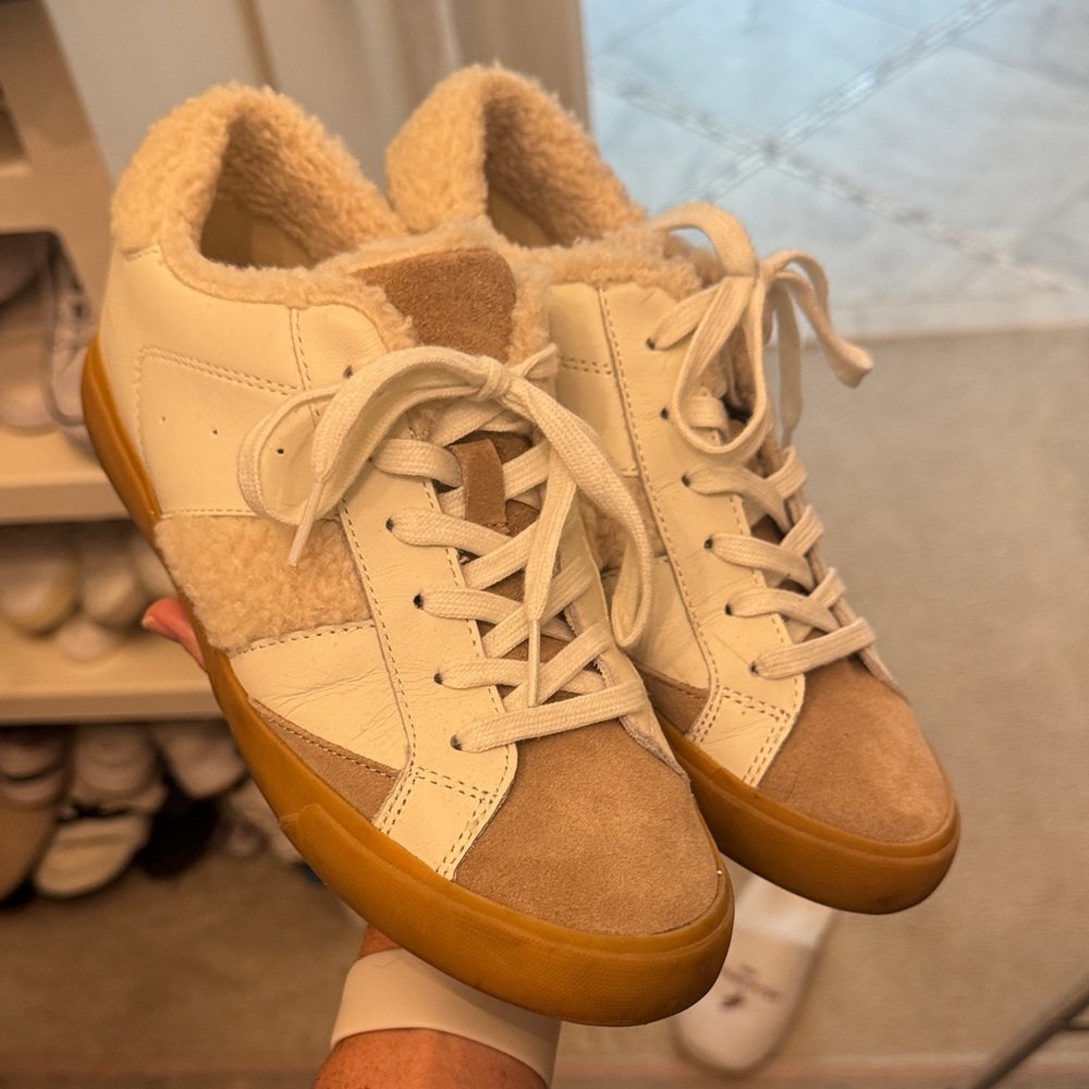Women's Shearling Lined Sneakers - White and Tan